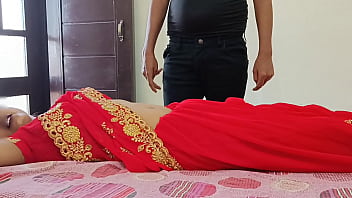 A newlywed Indian aunty from a rural area engages in intense sexual activity with her stepson, captured in clear Hindi audio